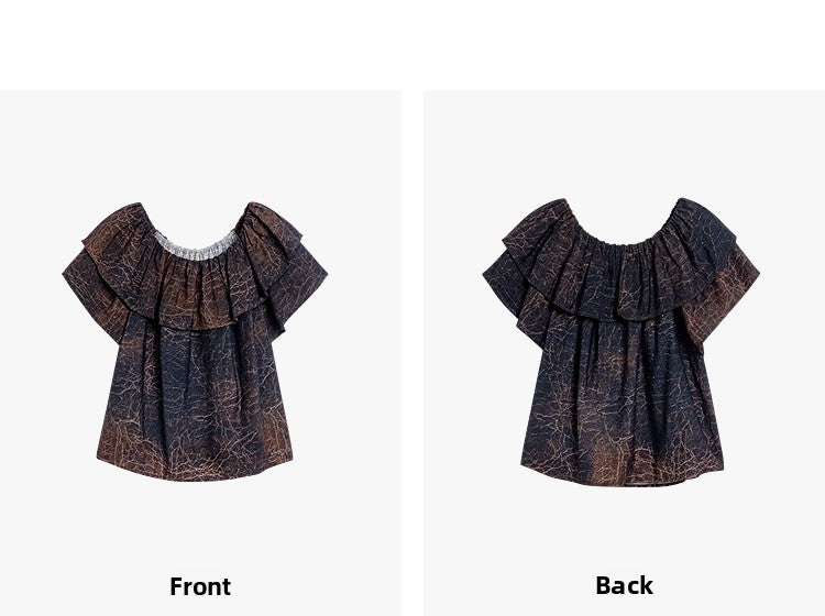 AYANAS Brown Leather-Print Ruffle Women's T-Shirt