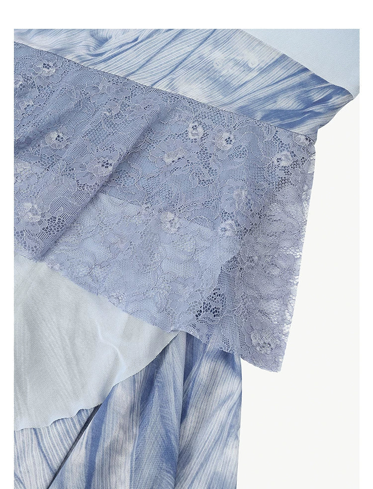 AYANAS Blue Printed Mesh and Lace Patchwork Dress