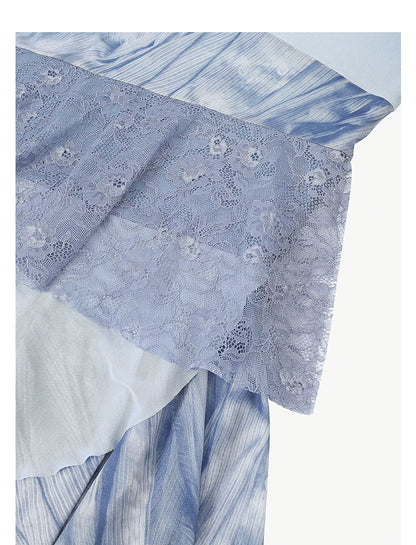 AYANAS Blue Printed Mesh and Lace Patchwork Dress