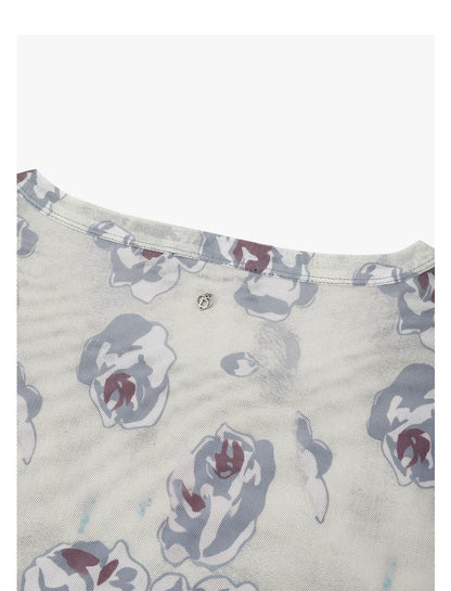 AYANAS T-shirt with floral rose print and lace panels