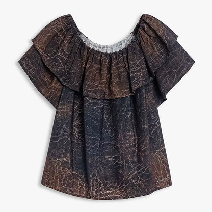 AYANAS Brown Leather-Print Ruffle Women's T-Shirt