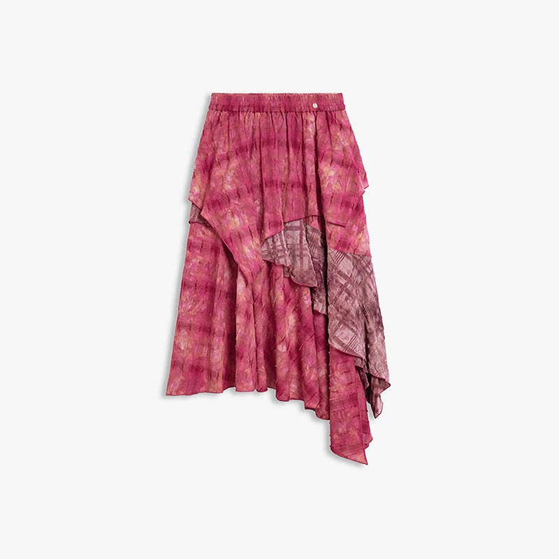 AYANAS Patchwork Velvet Checkered Magenta Skirt