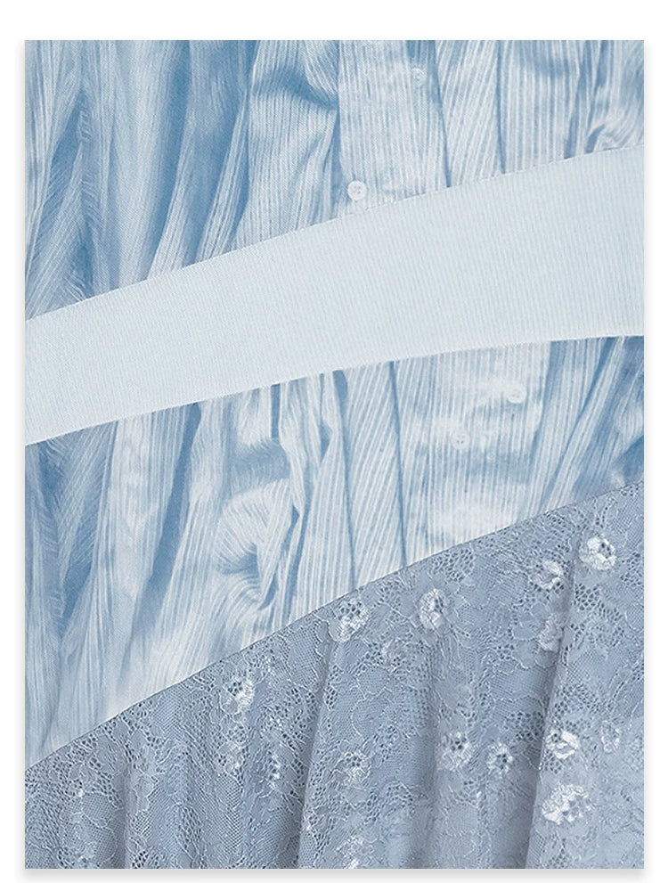 AYANAS Blue Printed Mesh and Lace Patchwork Dress