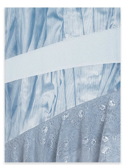 AYANAS Blue Printed Mesh and Lace Patchwork Dress