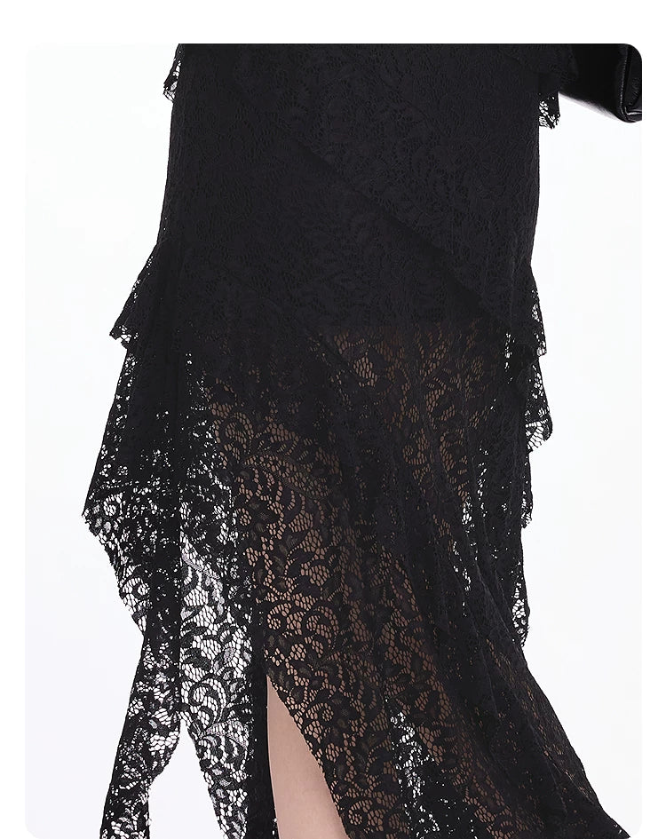 AYANAS Midi skirt with layered ruffles and an asymmetrical slit