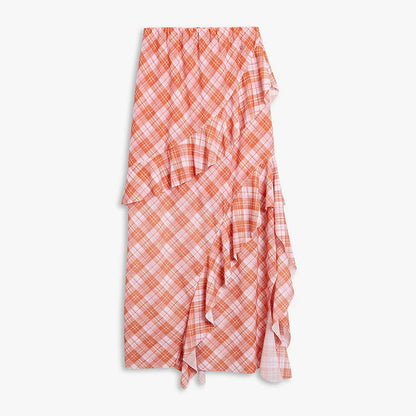 AYANAS Checkered Print Stretch-Fit Layered Ruffled Midi Skirt