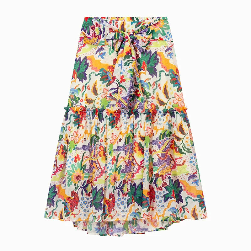AYANAS Bohemian-style animal print tie-front pleated skirt