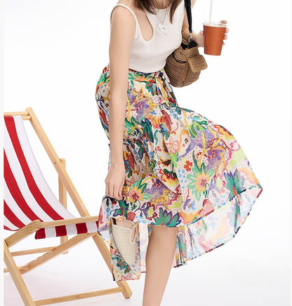 AYANAS Bohemian-style animal print tie-front pleated skirt