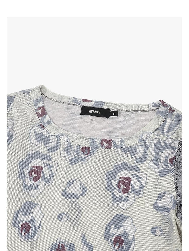 AYANAS T-shirt with floral rose print and lace panels