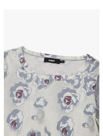 AYANAS T-shirt with floral rose print and lace panels