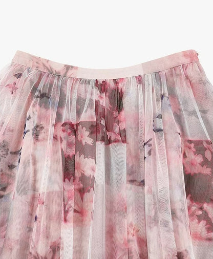AYANAS Pink Floral-Print Layered Tulle Midi Skirt