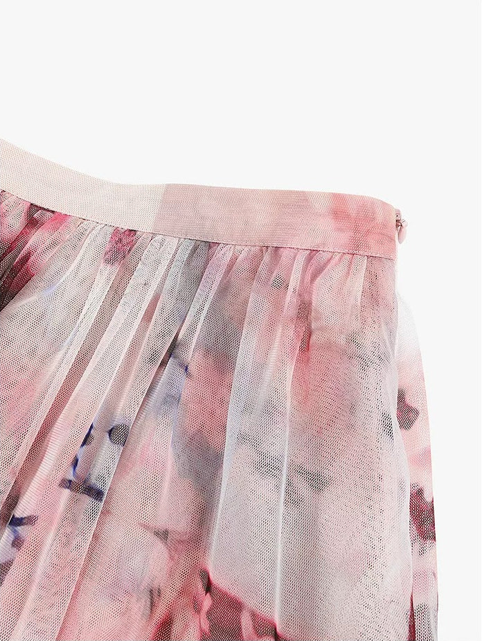 AYANAS Pink Floral-Print Layered Tulle Midi Skirt