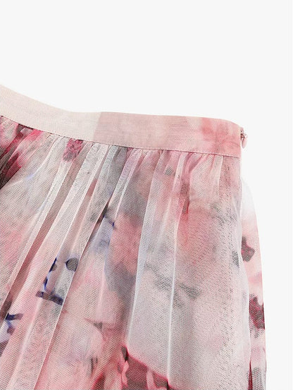 AYANAS Pink Floral-Print Layered Tulle Midi Skirt