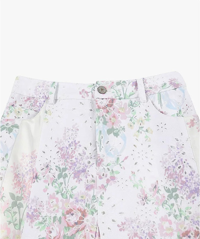 AYNAS Openwork floral print patchwork skirt