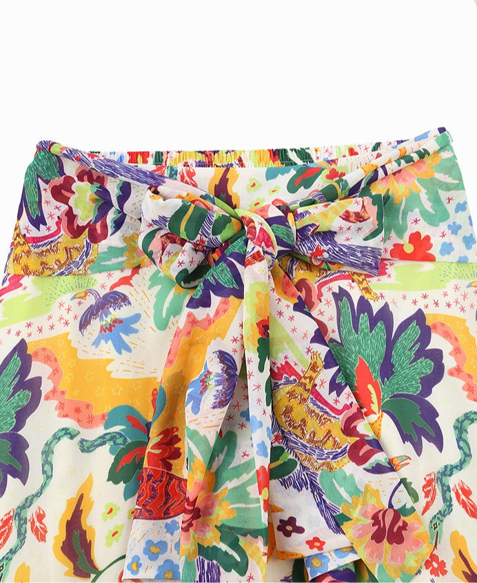 AYANAS Bohemian-style animal print tie-front pleated skirt