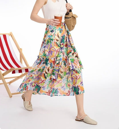 AYANAS Bohemian-style animal print tie-front pleated skirt