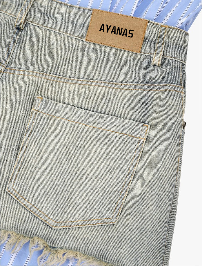 AYANAS Collared Striped Patchwork Frayed-Edge Denim Dress